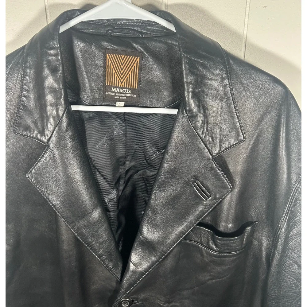 Marcus Neiman Marcus Collection Mens Black Leather Blazer Jacket Made in Italy L